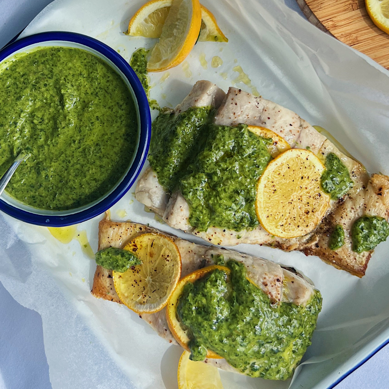 Grilled Lemon Barramundi with Salsa Verde and Olive Oil